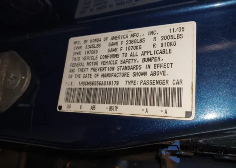 2006 Honda Accord 3.0 Ex из США, поврежденный, VIN 1HGCM66556A018179